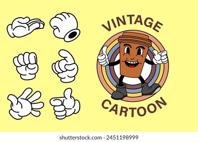 Cartoon abstract stickers. Retro comic character with facial expressions, legs and glows. Running star, walking happy apple, cheerful bulb with face. Vector collection