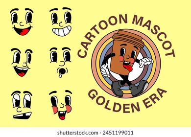 Cartoon abstract stickers. Retro comic character with facial expressions, legs and glows. Running star, walking happy apple, cheerful bulb with face. Vector collection