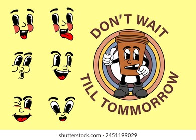 Cartoon abstract stickers. Retro comic character with facial expressions, legs and glows. Running star, walking happy apple, cheerful bulb with face. Vector collection