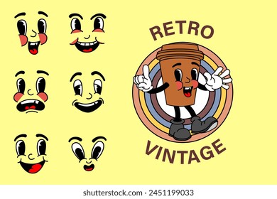 Pegatinas abstractas de dibujos animados. Personaje cómico retro con expresiones faciales, piernas y brillos. Estrella corriendo, manzana feliz caminando, bulbo alegre con cara. colección de Vector