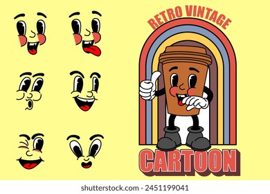 Cartoon abstract stickers. Retro comic character with facial expressions, legs and glows. Running star, walking happy apple, cheerful bulb with face. Vector collection