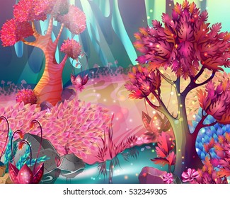 Cartoon abstract wood Game composition in pink colors with trees and rivers vector illustration