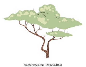 Cartoon Akazie mit Blume auf einzeln Hintergrund. Afrikanischer Baum im flachen Stil. Savanna-Kollektion. Vektorgrafik für Kleidung, Stoff, Grußkarten, Aufkleber usw.