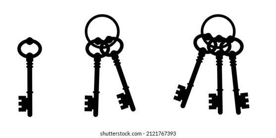 Cartoon access bunch keyring and empty label for hotel, work, home or house. bunch key. Cartoon cylinder key icon or symbol. Door keys. Login or password. Web and computer icon. Old business concept.