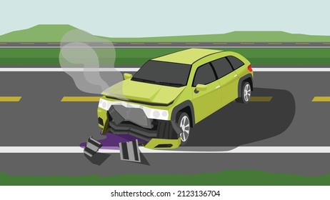 Cartoon accident of a passenger car. Bonnet was opened and the front was severely damaged. With smoke coming out from engine the front. There was oil spilling out below. On highway made from asphalt.