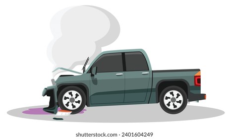 Cartoon accident of pickup car. Bonnet was opened and the front was severely damaged. With smoke coming out from engine the front. There was oil spilling out below.