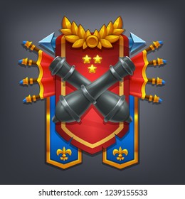 Cartoon achievement coat of arms with cannon. Vector illustration.