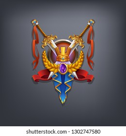 Cartoon achievement coat of arms with elements victory. Vector illustration.