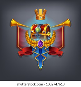 Cartoon achievement coat of arms with elements victory. Vector illustration.