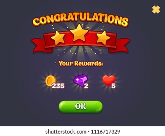 Cartoon achievement rewards game screen. Vector illustration with golden stars and red ribbon. Graphical user interface GUI to build 2D games. Casual Game. Can be used in mobile or web game. Isolated.