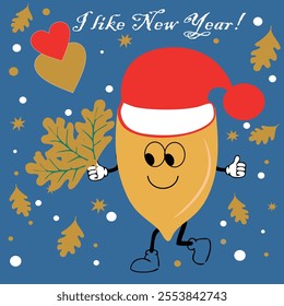 Cartoon Acorn in a New Year's hat holds oak leaves. Vector.