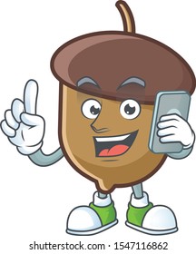 cartoon acorn seed with holding phone character shape