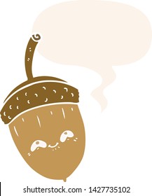 cartoon acorn with speech bubble in retro style