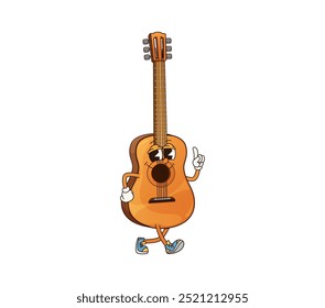 Cartoon guitarra acústica groovy instrumento musical personagem. Personagem vetorial isolada com face sorridente mostrando gesto de apontar. Educacional tocando aulas de música para crianças, loja de equipamentos de músicos