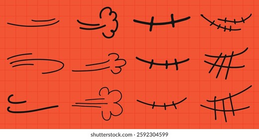 Cartoon action lines on orange grid. Dynamic lines, expressive lines, comic and cartoon for motion effects in illustrations and animations. Colorful doodle elements, vector set.