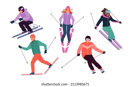 Caricatura de personajes adultos activos en gafas sostienen postes de esquí, saltan y atraviesan montañas aisladas en blanco. Esquiadores esquiando por las pistas de nieve, actividad deportiva en invierno extremo conjunto ilustración vectorial