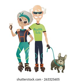 Cartoon active old couple, man and woman doing sport. Vector illustration