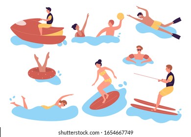 Cartoon active people doing extreme water sports, playing games, diving, surfing, riding water scooter in sea vector illustration.