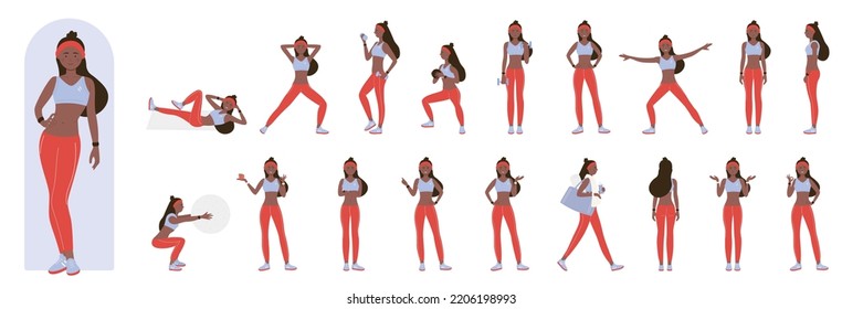 Cartoon active woman doing healthy aerobic exercises or pilates in gym, stretch training. African american black female active sport trainer poses set in front, side and back view vector illustration