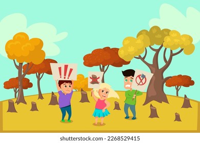 Activistas de caricaturas con carteles protestando contra la deforestación. Protesta o campaña contra la tala de árboles, ilustración vectorial. Deforestación, ecología o medio ambiente, naturaleza, concepto de activismo