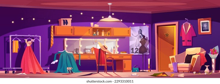 Cartoon actors dressing room interior. Vector illustration of messy theater backstage, mirrors illuminated with light bulbs, clothes and costumes on rack, accessories on table, movie posters on walls