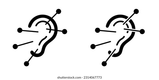 Cartoon acupuncture needles in the ear, Acupunctured in ears. Human, medical procedure or traditional, alternative medicine. Non-surgical ear pinning. Beauty and personal care symbol, cosmetic therapy
