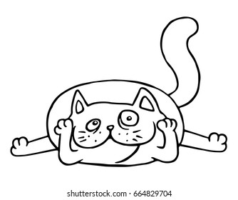 Cartoon admires cat. Vector illustration. Black and white isolated animal character in love.
