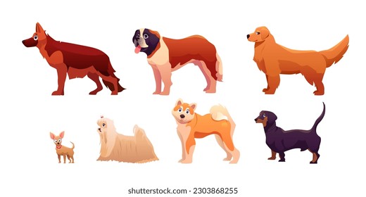 Cartoon Adorable Dogs Collection: German Shepherd, Saint Bernard, Golden Retriever, Chihuahua, Maltese Bolonka, Akita Inu and Dachshund. Vector Set of Funny Pet Animals.