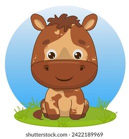 Cartoon adorable foal sitting. Foal in kawaii style. Kawaii style. Vector illustration of drawings, prints and patterns. Illustration for children