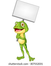 Cartoon adorable frog holding blank sign 