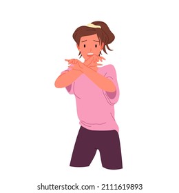 Cartoon adult brunette afraid girl with frightened expression and pose, young terrified character covering mouth with hand isolated on white. Scared woman with panic and fear vector illustration