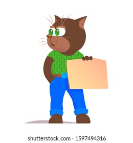 Cartoon adult cat in jeans and a shirt is standing with a poster. There is a place for text. Vector isolated illustration.