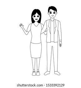 cartoon adult couple waving icon over white background, black and white design. vector illustration