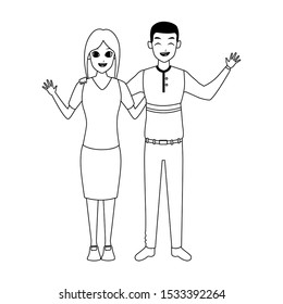 cartoon adult couple waving icon over white background, flat design. vector illustration