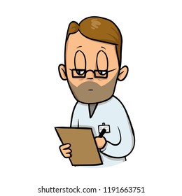 Cartoon adult doctor taking notes. Colorful flat vector illustration. Isolated on white background.