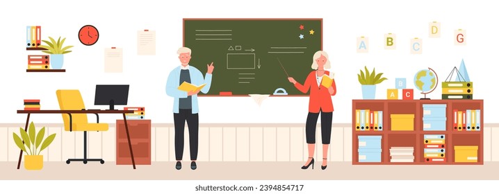 Cartoon adult female and male characters holding pointer and chalk to explain lesson in classroom and teach students, board presentation. School teachers at blackboards set vector illustration