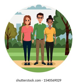 cartoon adult friends in the park, colorful design. vector illustration