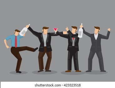 Cartoon adult men drinking alcoholic beverages and making merry together. Vector cartoon illustration on adult men drinking and having good time concept isolated on grey background.