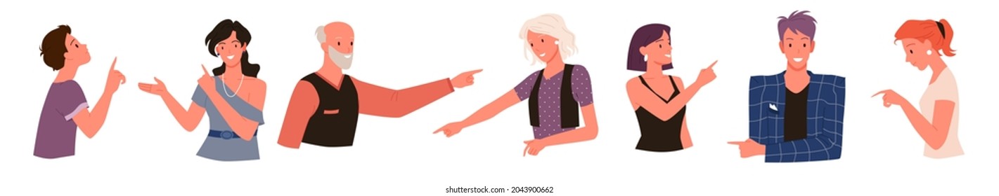 Cartoon Adult Old And Young Man Woman Characters, Child Boy Pointing In Various Poses, Girl Posing Isolated On White. People Point Finger, Hand Pointing Gesture On Direction Vector Illustration