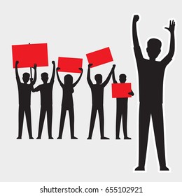 Cartoon adult people silhouettes with red streamers protesting, one goes ahead, people protest isolated vector illustrations on white background.