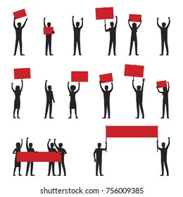 Cartoon adult people silhouettes with red streamers arrange protests isolated vector illustrations on white background.