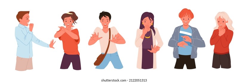 Cartoon adult and teen persons with fear and panic on face, nervous man and woman with problems, shock and phobia, frightened characters isolated on white. Scared people set vector illustration
