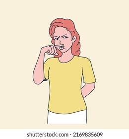 Cartoon of adult woman make disgusted body pose by covering the nose with finger