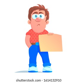 Cartoon adult young man in jeans and a shirt is standing with a poster. There is a place for text. Vector isolated illustration.