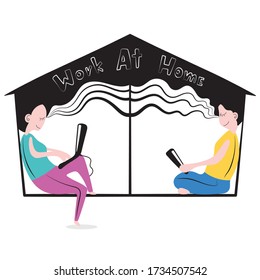 A cartoon of adults work from home with social distancing while working from home during covid19 or corona virus spread