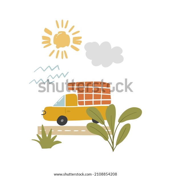 Cartoon adventure сampervan travel concept, car\
driving on the road isolated on white. Vehicle journey flat vector\
illustration. Plants with sun and cloud icon, kids poster and print\
design