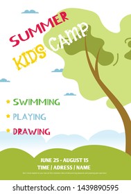 Cartoon Advertisement for Children Summer Camp. Flyer with Editable Date, Address and Name. Program for Summer Recreation as Swimming, Playing and Drawing. Vector Flat Poster Illustration