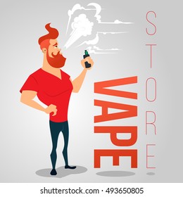 cartoon advertising background for vape store. A man with a beard smokes electronic cigarette.