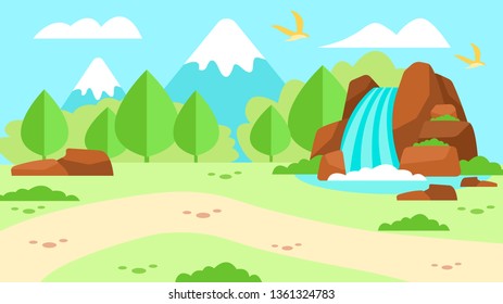 Cartoon Advertising Flat Banner Mountain Nature Landscape Waterfall Forest Top of Rocks Scene Place for Camping Hiking Trekking Vector Seamless Illustration Tourism Traveling Highland Landing Page