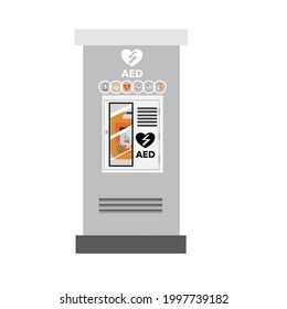 Cartoon of AED box at public landmark.
